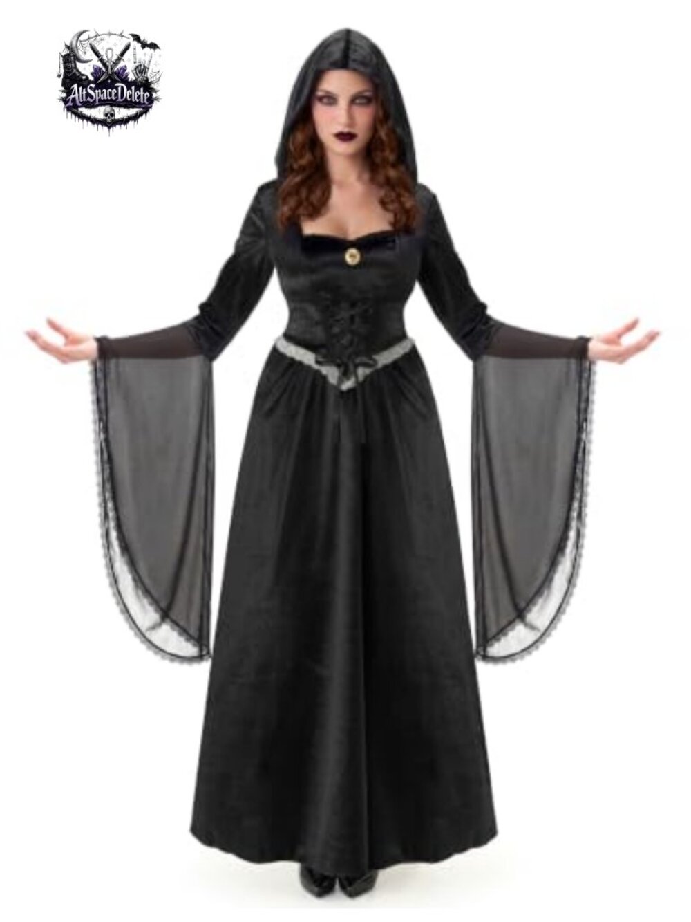Women's Witch Costume Gothic Lace Trim Dress Halloween Cosplay